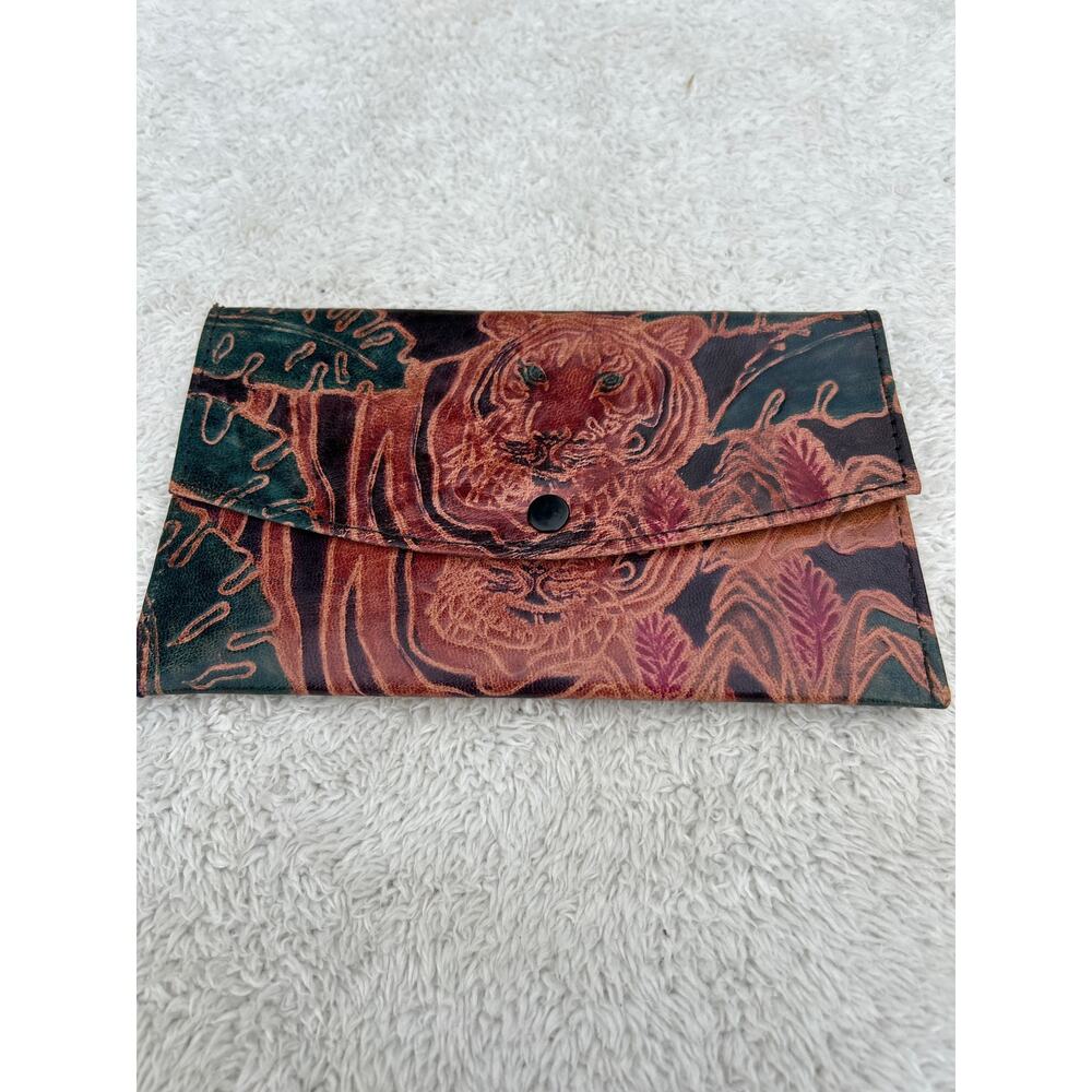 Leather Wallet Black Brown Green Embossed Tigers Multi Pocket Coin Purse India - Picture 3 of 8